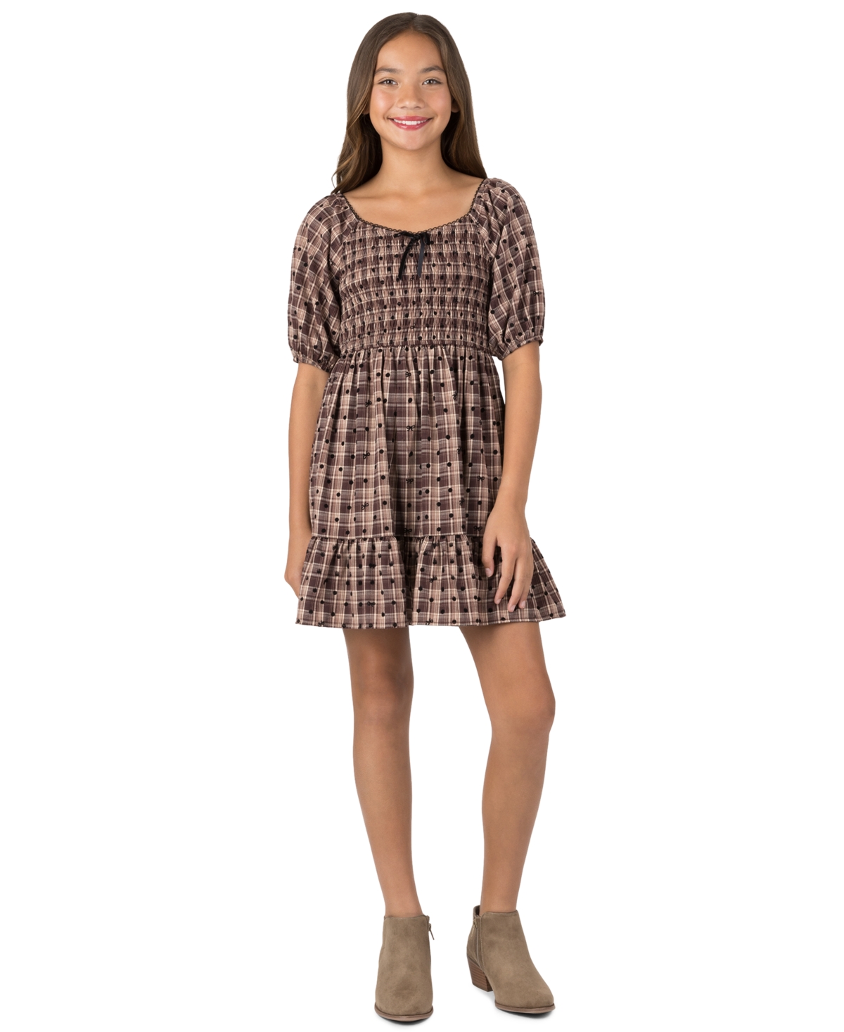 Speechless Kids' Girls' 7-16 Smocked Bodice Short-sleeve Dress In Brown