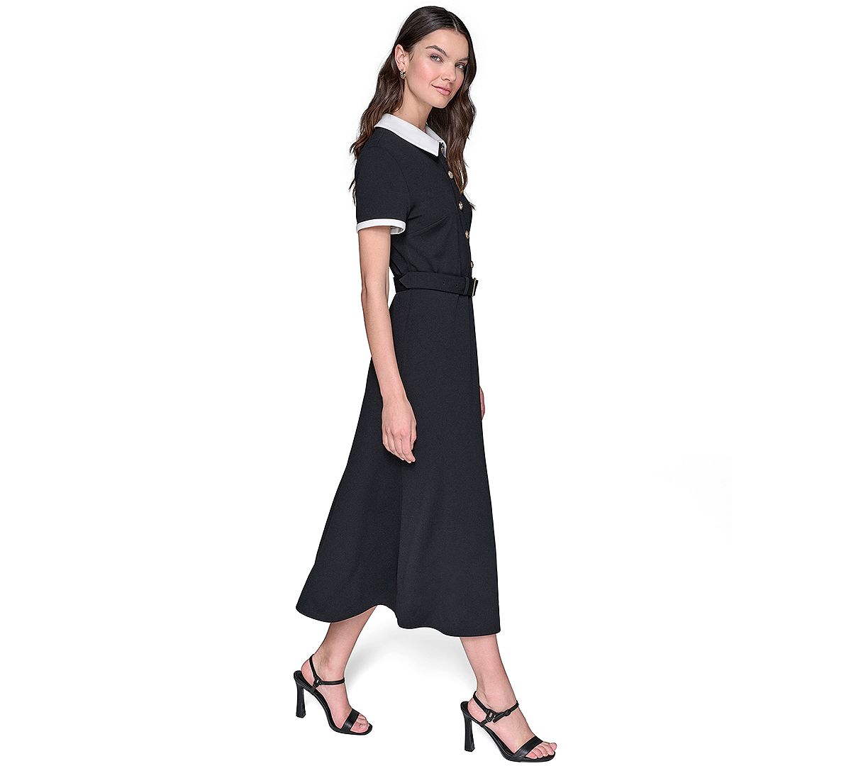 KARL LAGERFELD PARIS Women's Belted A-Line Midi Shirt Dress view 2 — MAYCSS fashion products