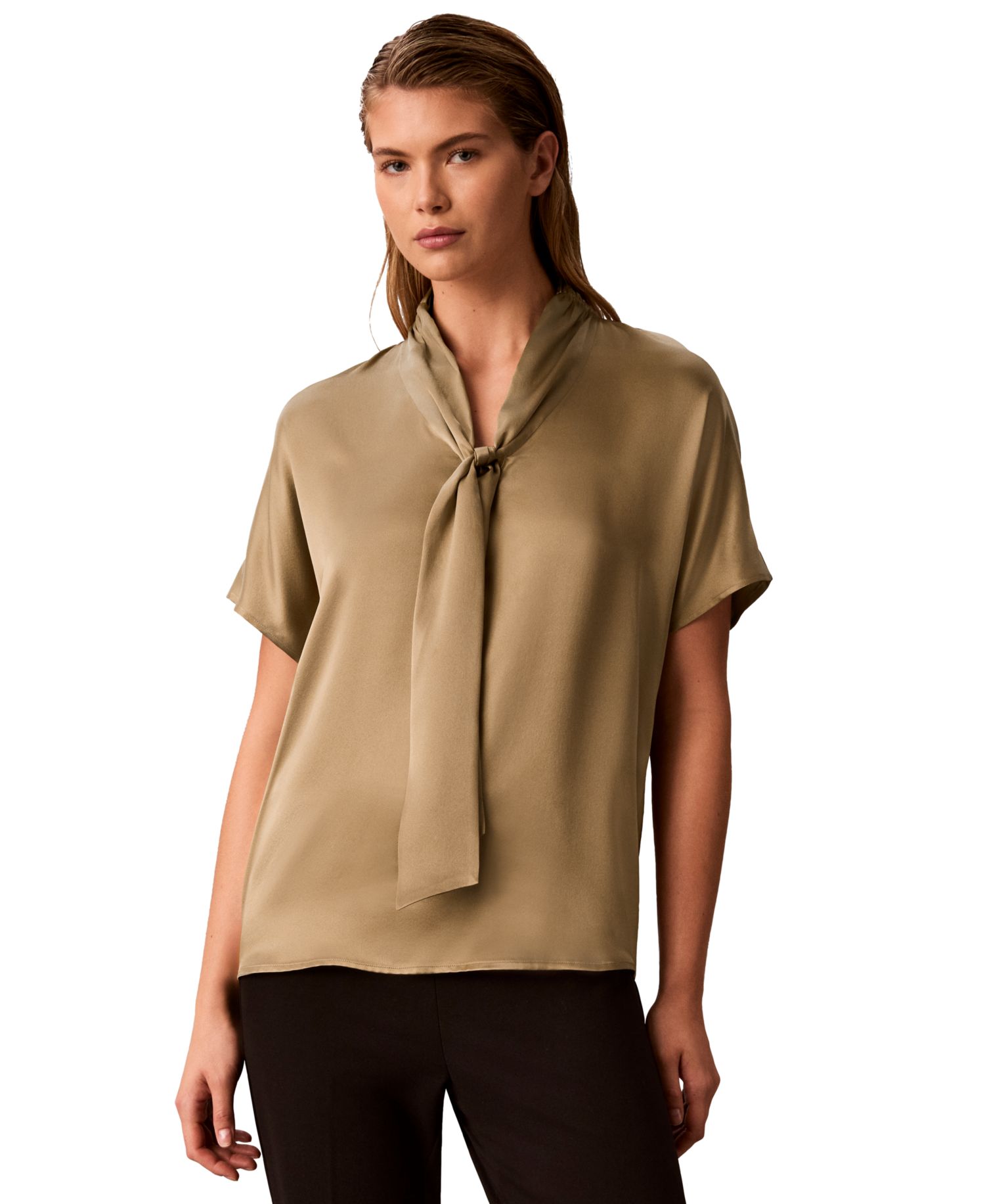 Women's Matte Satin Tie-Neck Blouse
