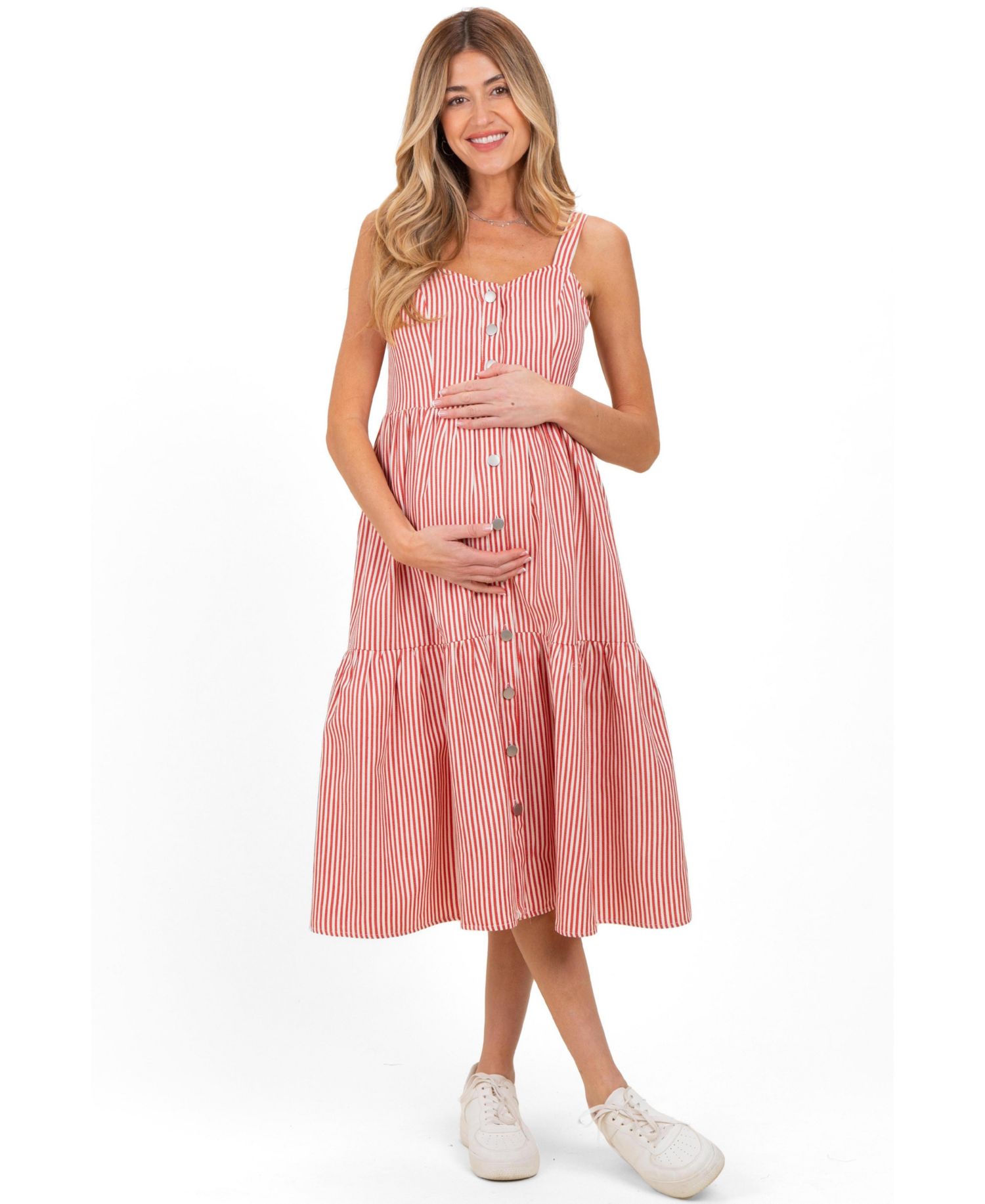 Women's Red Striped Tiered Overall Dress