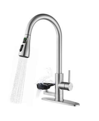 3-in-1 Kitchen Faucet with 3-Color LED Temperature Display, Press-Type Glass Rinser, High-Arc Pull-Down Sprayer