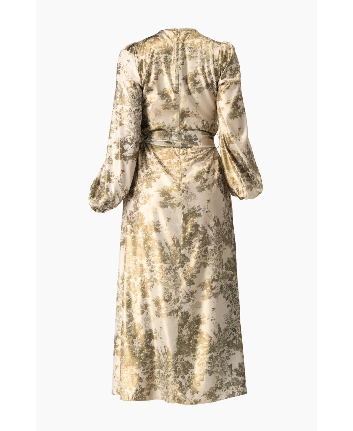Женское платье Ivonne Botanical Print Satin, Long Sleeve Belted Keyhole Midi, цвет: Оливковый зелёный — фото 6