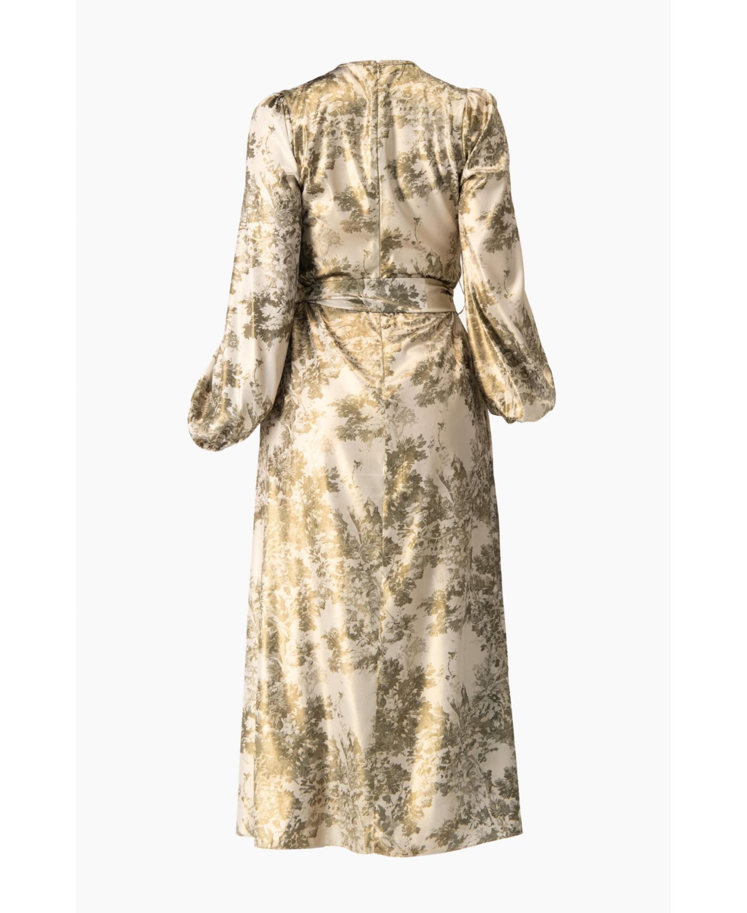 Women's Botanical Print Satin, Long Sleeve Belted Keyhole Midi Dress