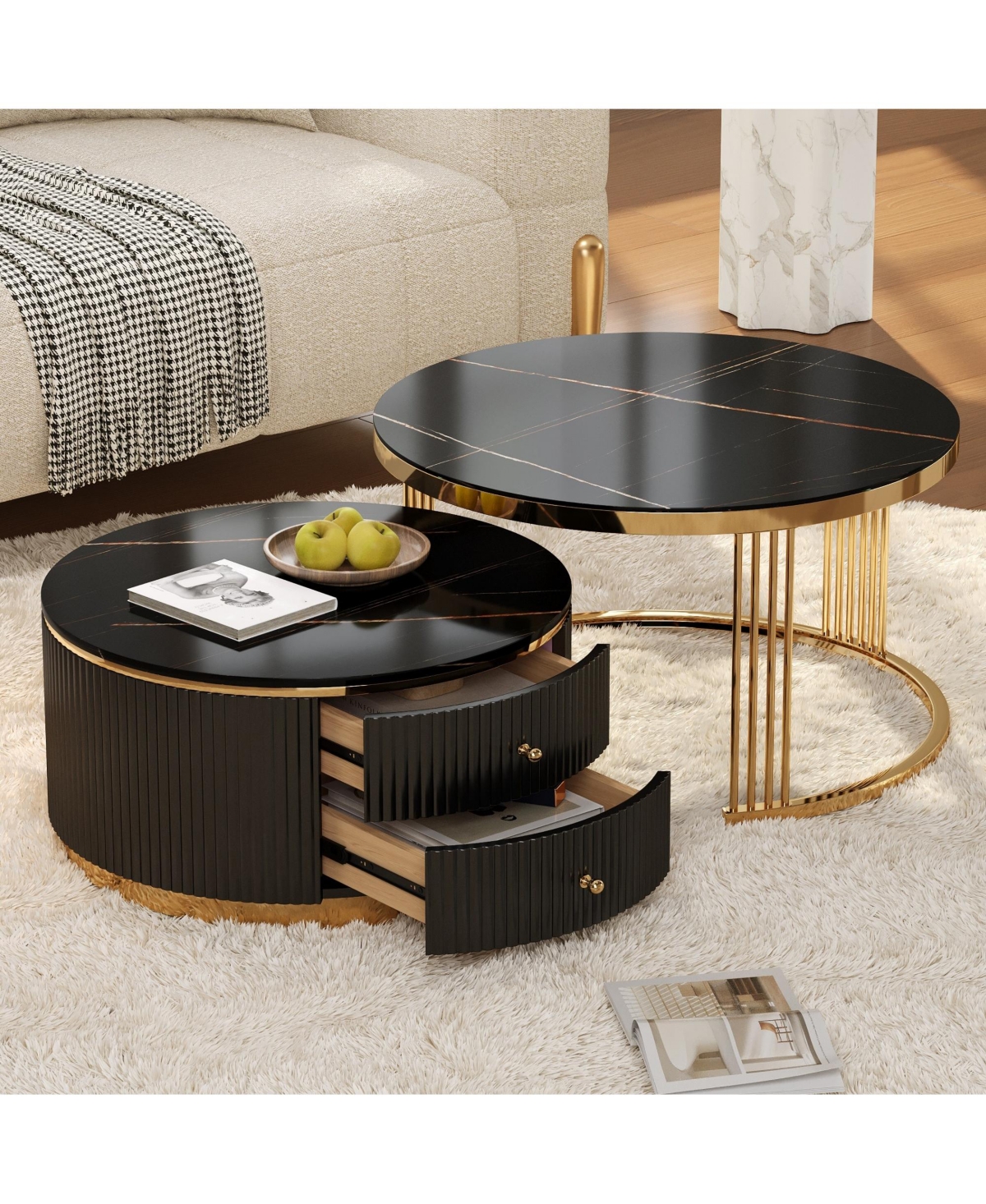 Clihome Modern 2 Pieces Round Nesting Coffee Table with Drawers 27.6'' inch