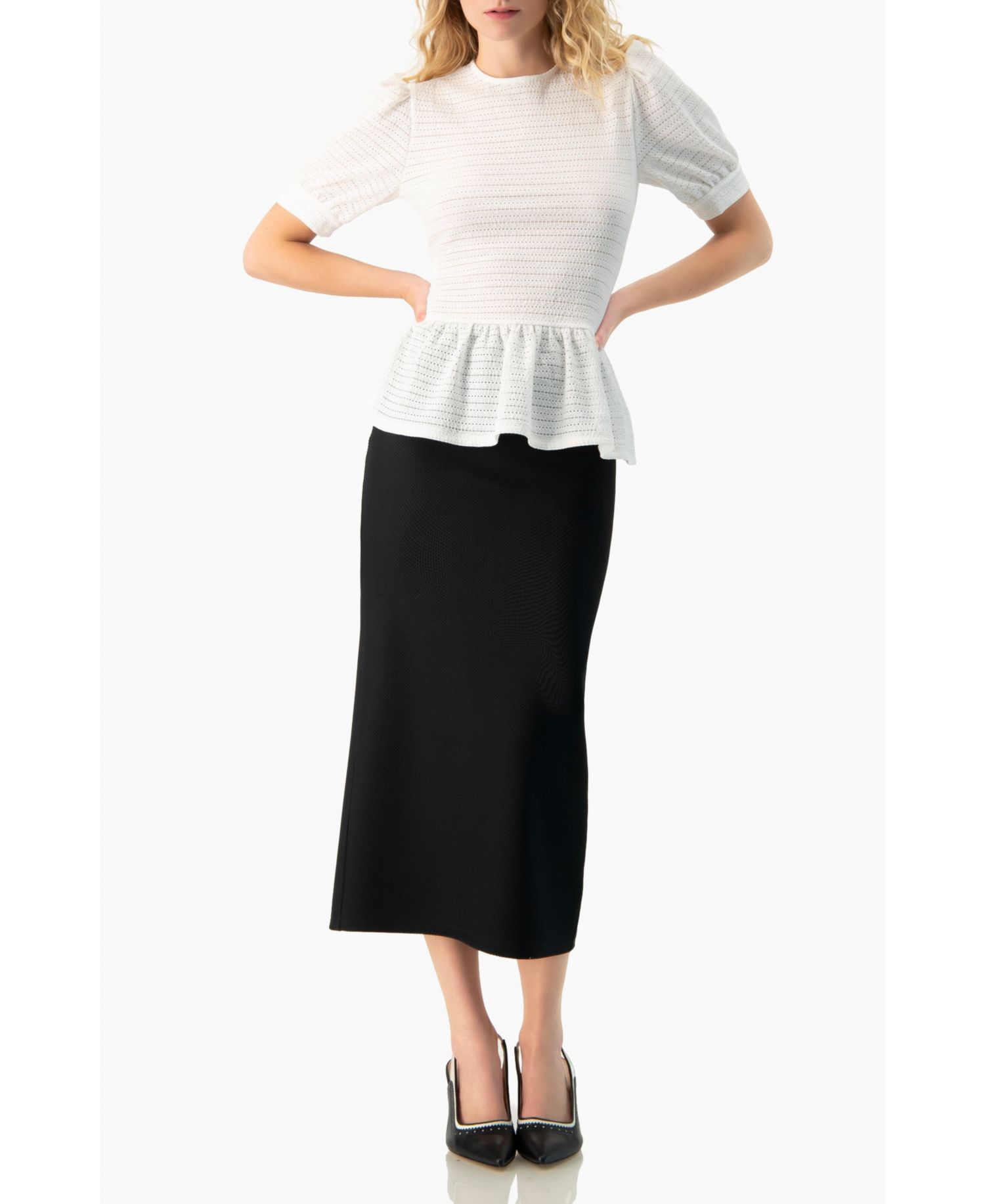 Women's Tonal Stripe Textured See-Through Peplum Short-Sleeve Blouse