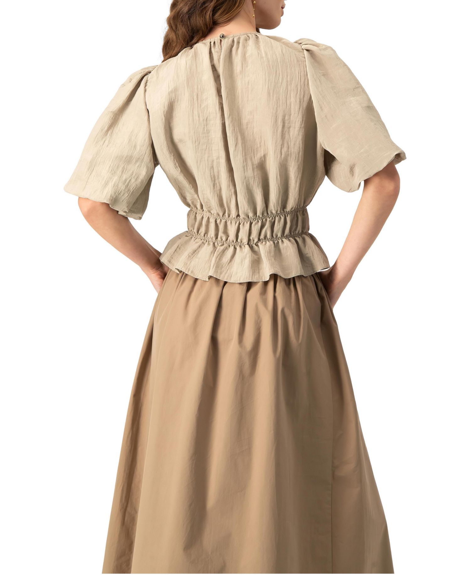 Women's Puff Sleeve Peplum, Cinched Waist Crinkle Blouse