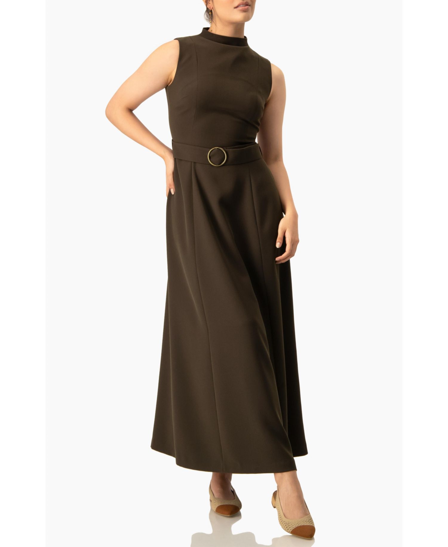 Women's Sleeveless Belted A-Line Maxi Dress with Ring Buckle