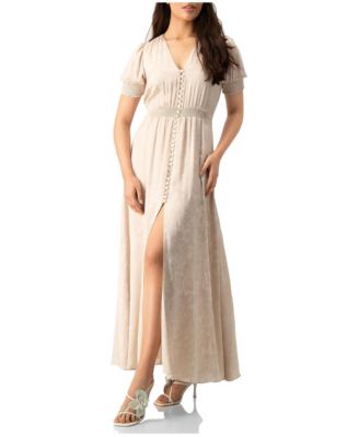 Women's Jacquard Satin Button-Front Maxi Dress with Puff Sleeve and Smocked Waist