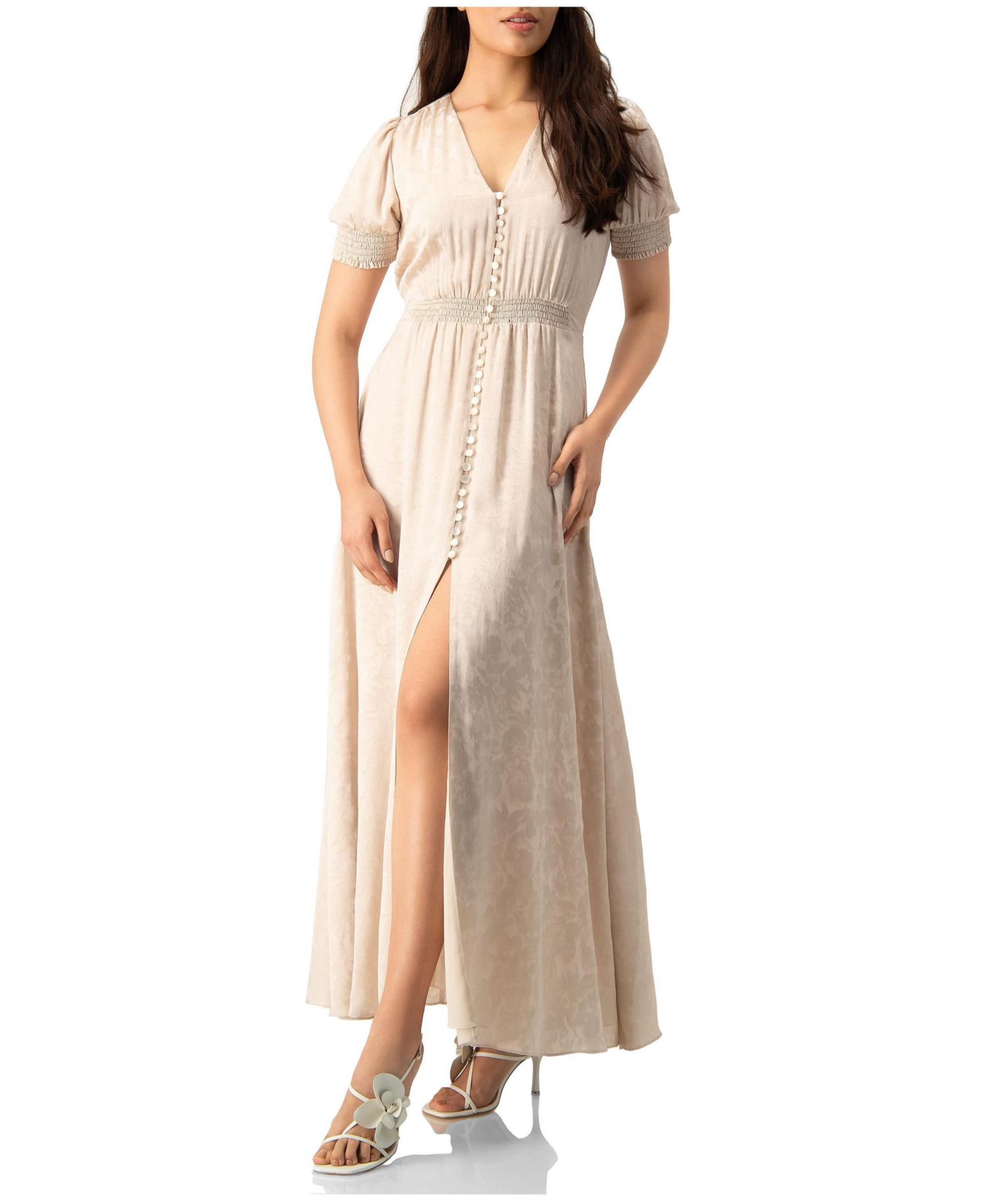 Women's Jacquard Satin Button-Front Maxi Dress with Puff Sleeve and Smocked Waist