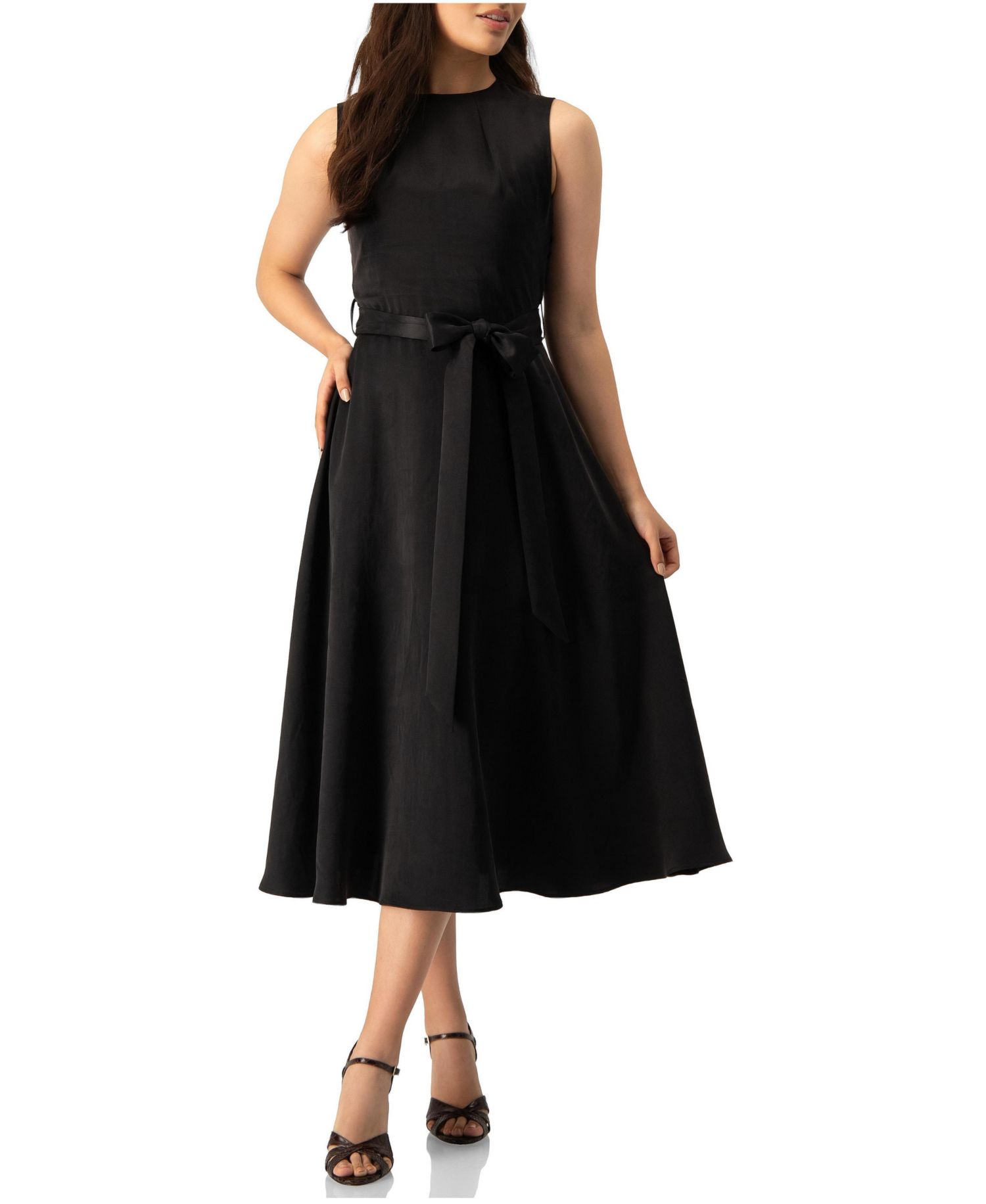 Women's Sleeveless Tie-Waist A-Line Midi Fit-and-Flare Dress with Sash Belt