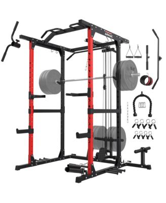 Power Cage, 1500LB Power Rack with LAT Pulldown Cable System, Squat Rack & Training Attachments for Home Gym