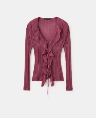 Women's Ruffled Detail Textured Knit Cardigan Sweater