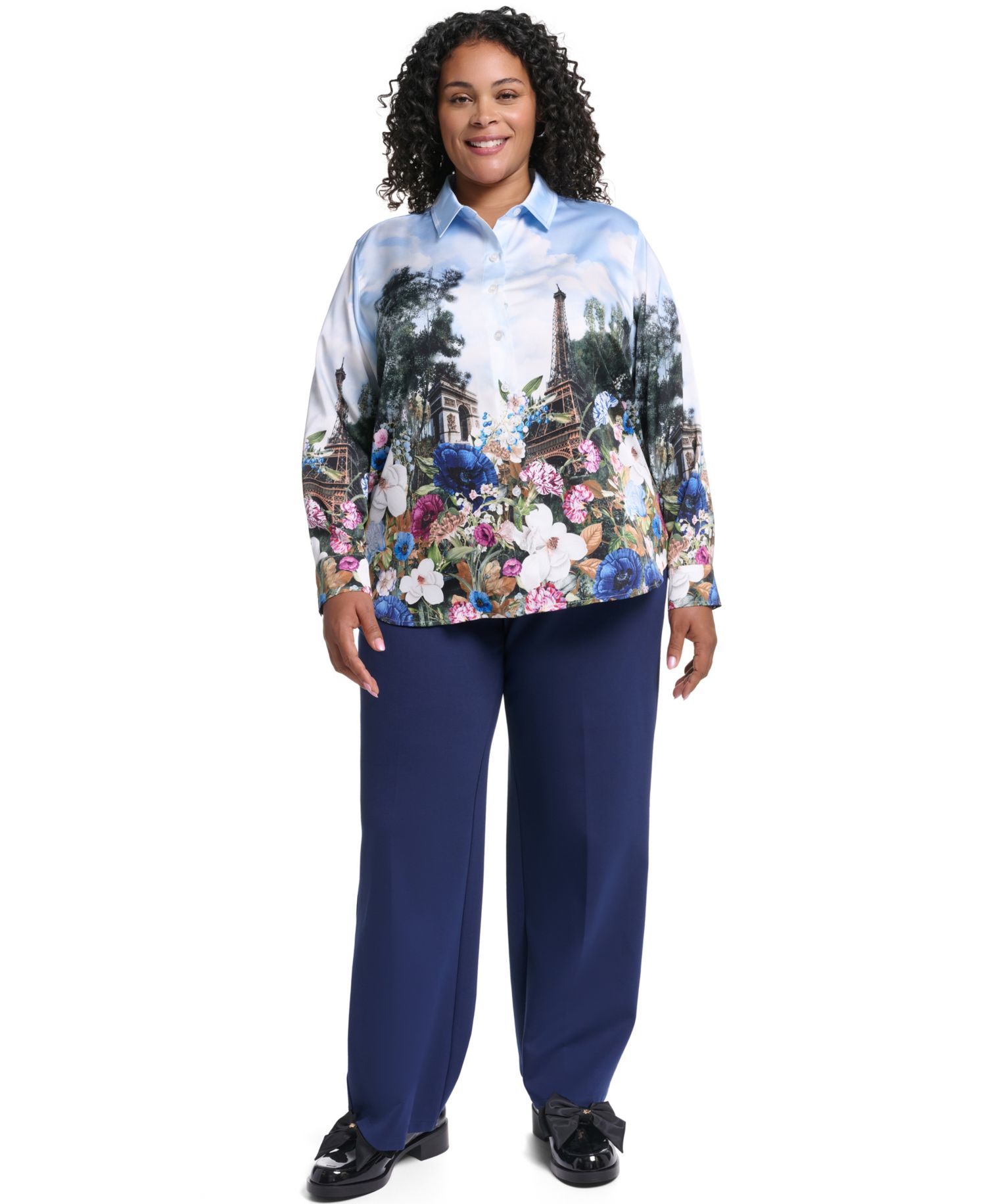 Plus Size City Scene Collared Button-Front Top