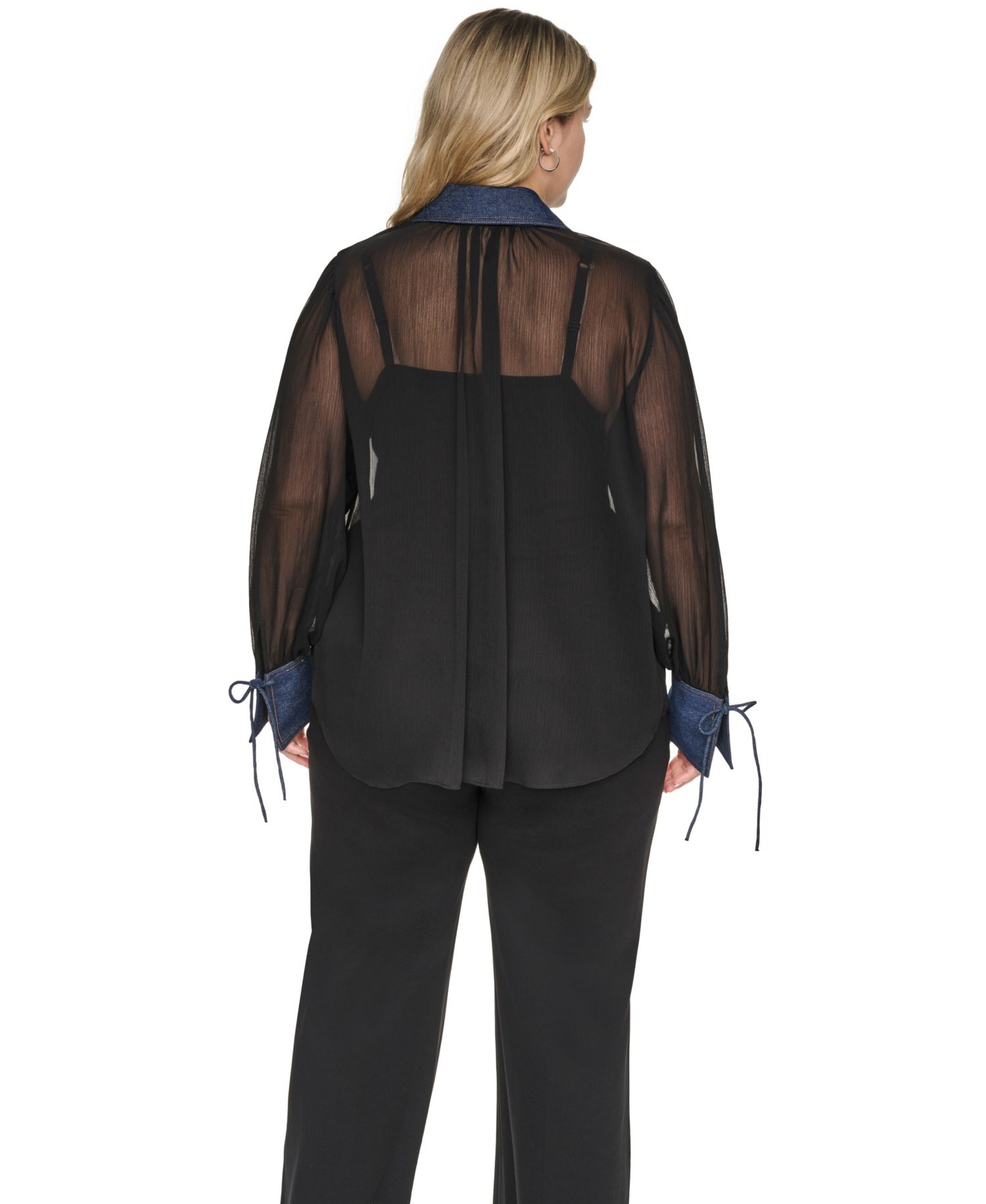 Plus Size Mixed Media Collared Button-Front Top