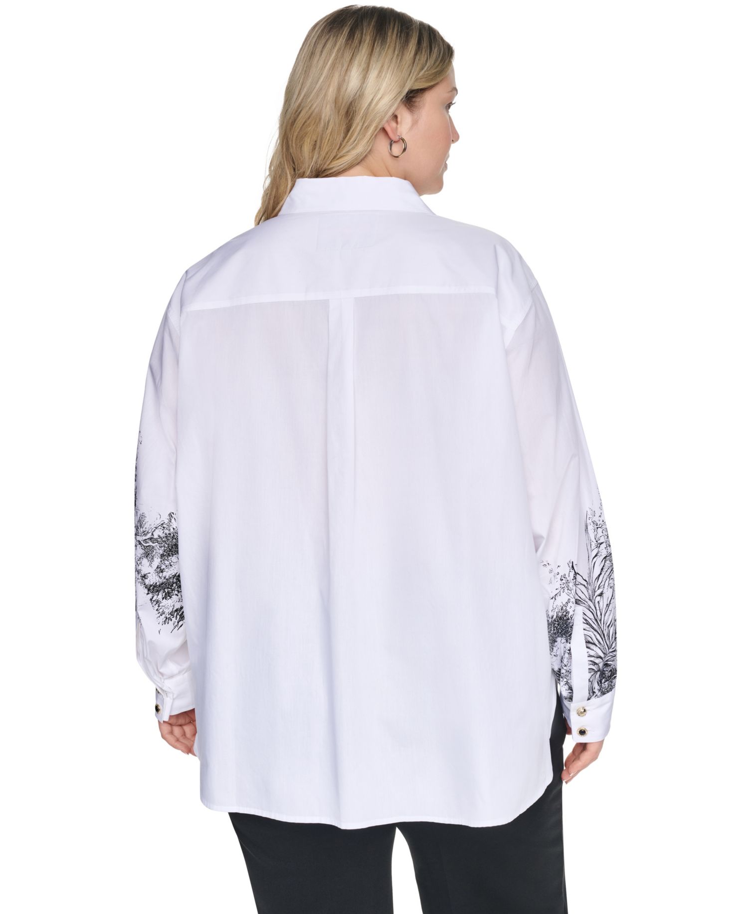 Plus Size City Scene Poplin Collared Long-Sleeve Top