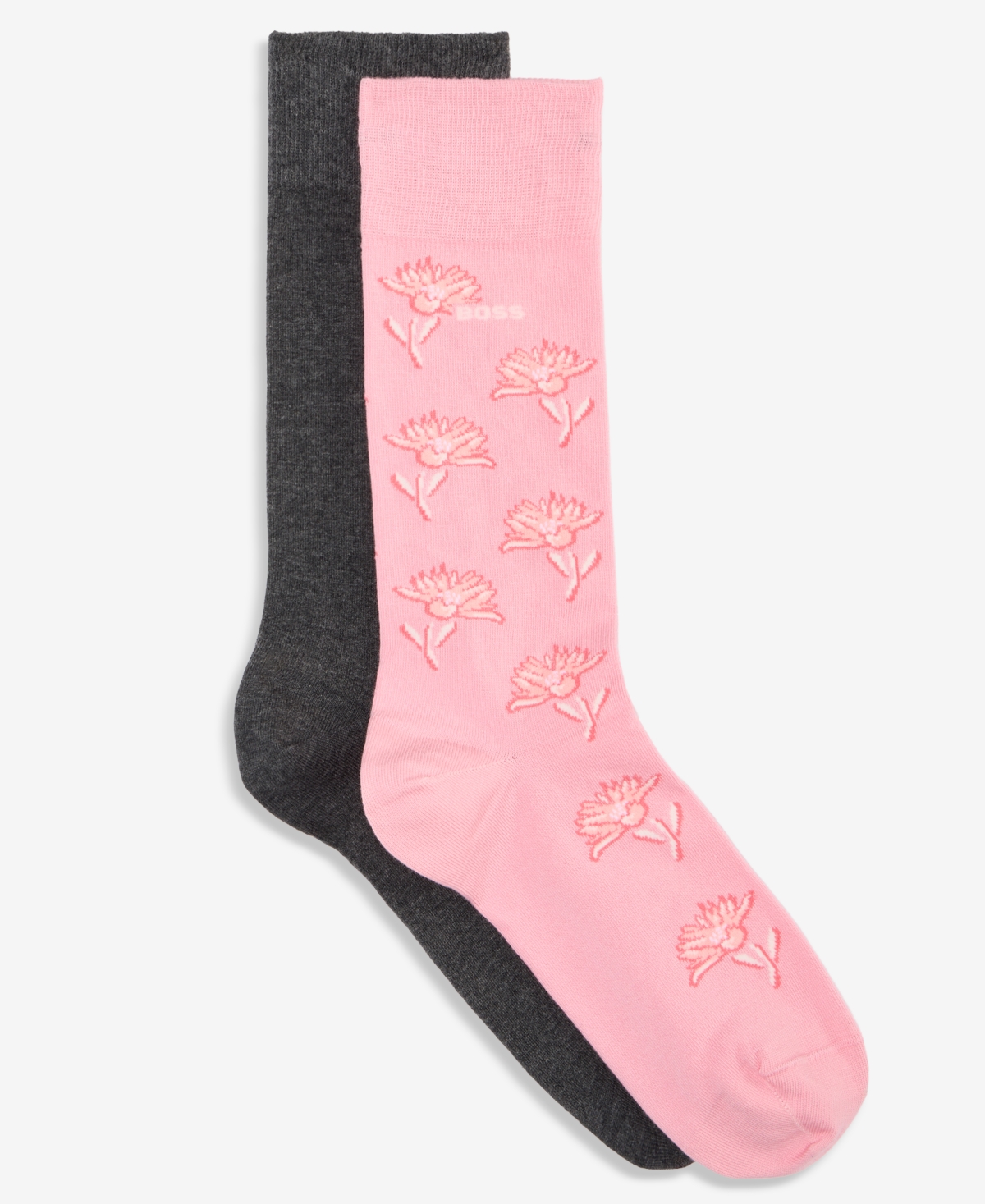 Hugo Boss Men's Floral-Print Crew Cotton-Blend Socks, 2-Pack - Bright Pink/Gray