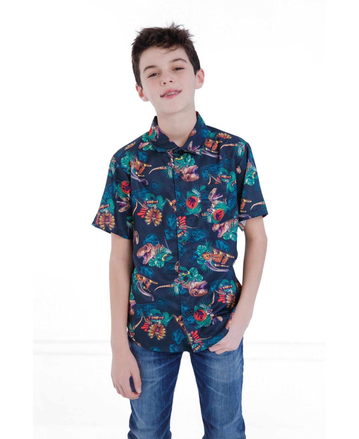 T-Rex Boys' Hawaiian Short Sleeve Button Down Shirt