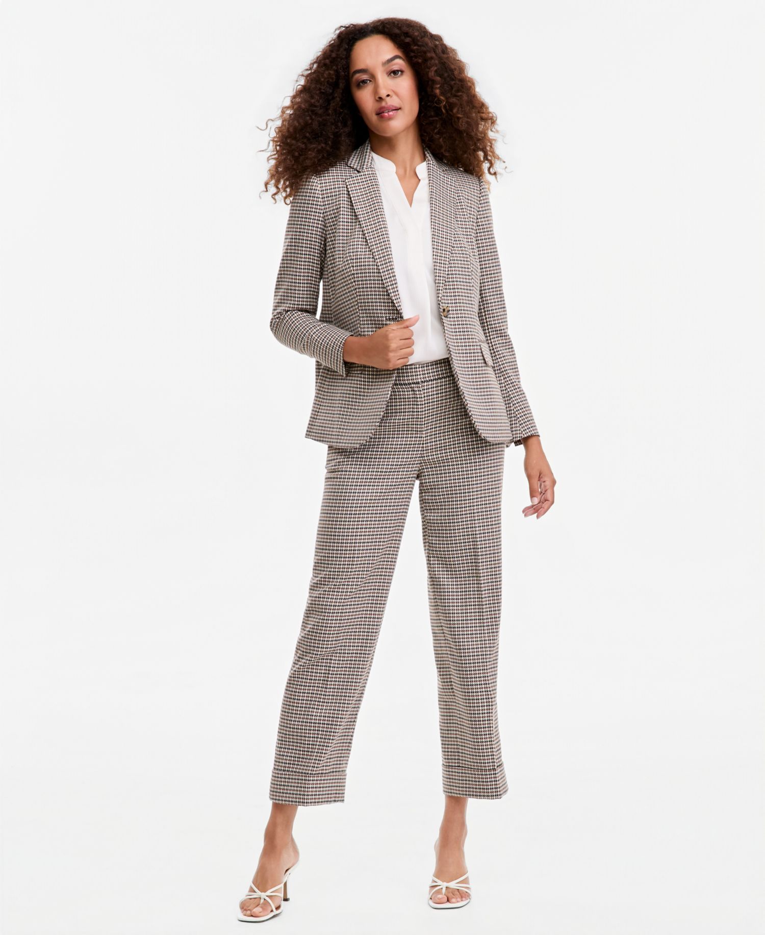Women's One-Button-Front Blazer, Y-Neck Blouse & Mid-Rise Ankle Pants