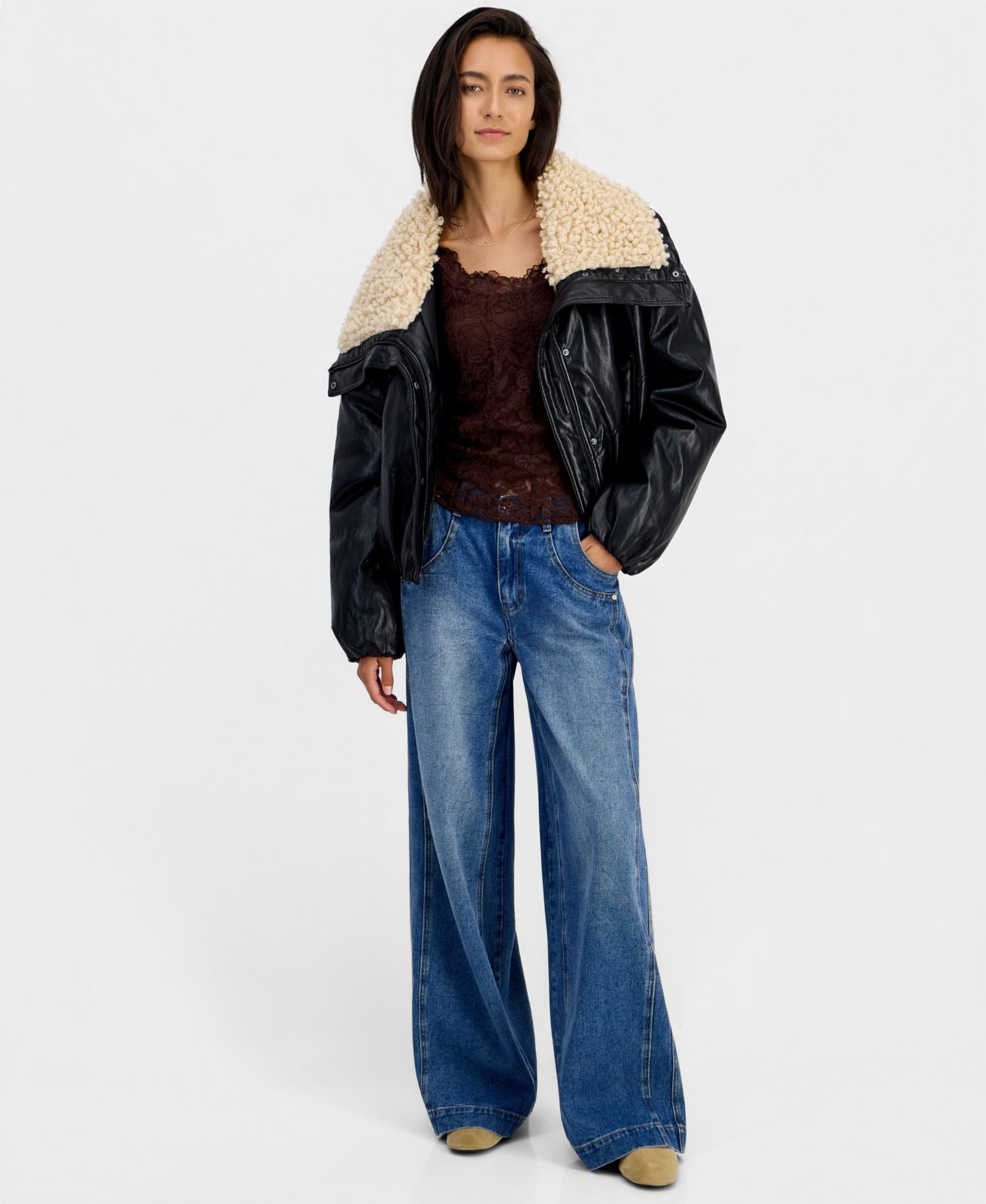 Women's Sherpa-Lined Faux Leather Moto Bomber Jacket