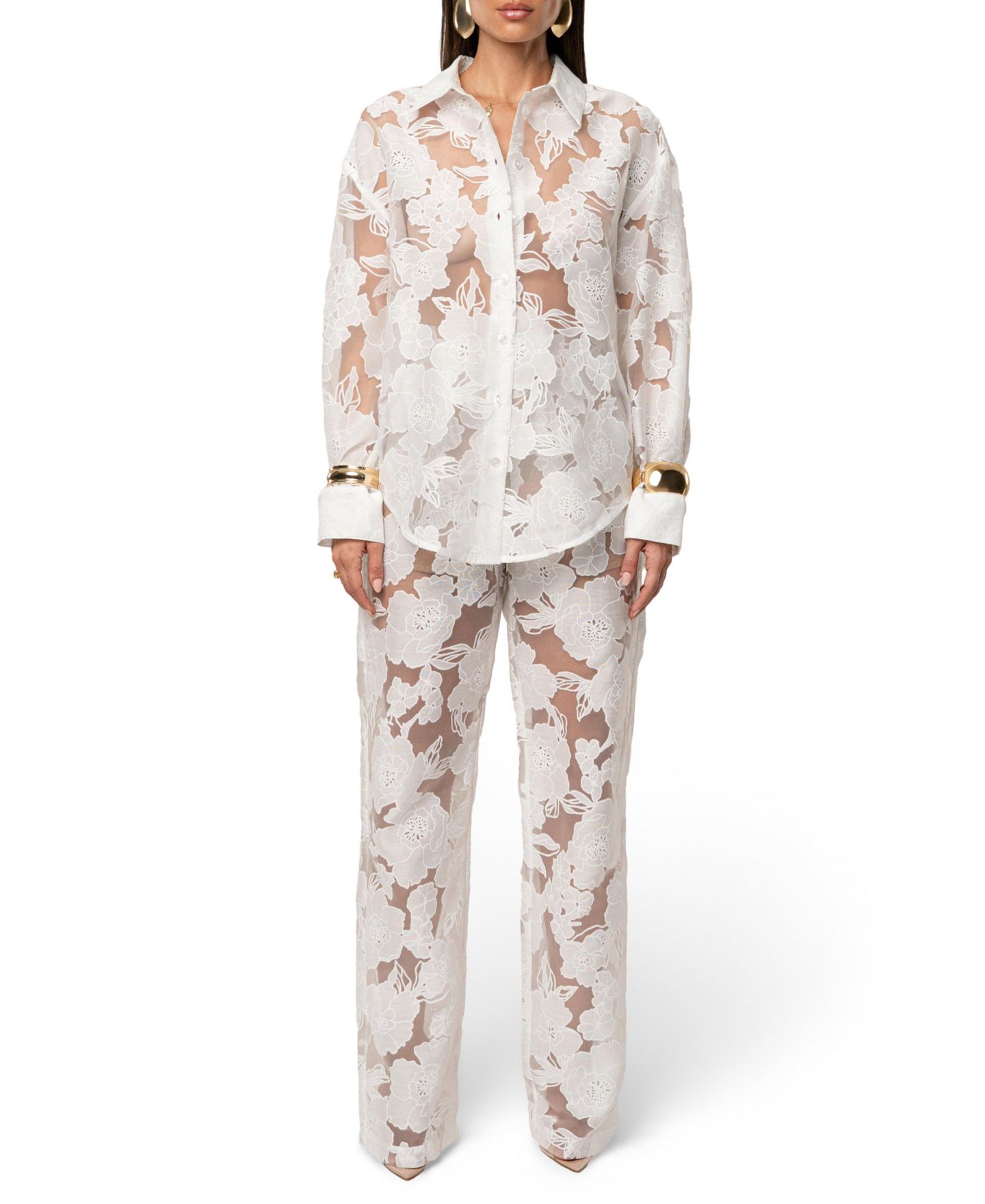 Женские брюки JLUXLABEL Organza Floral Pant, цвет: Бежевый — фото 10