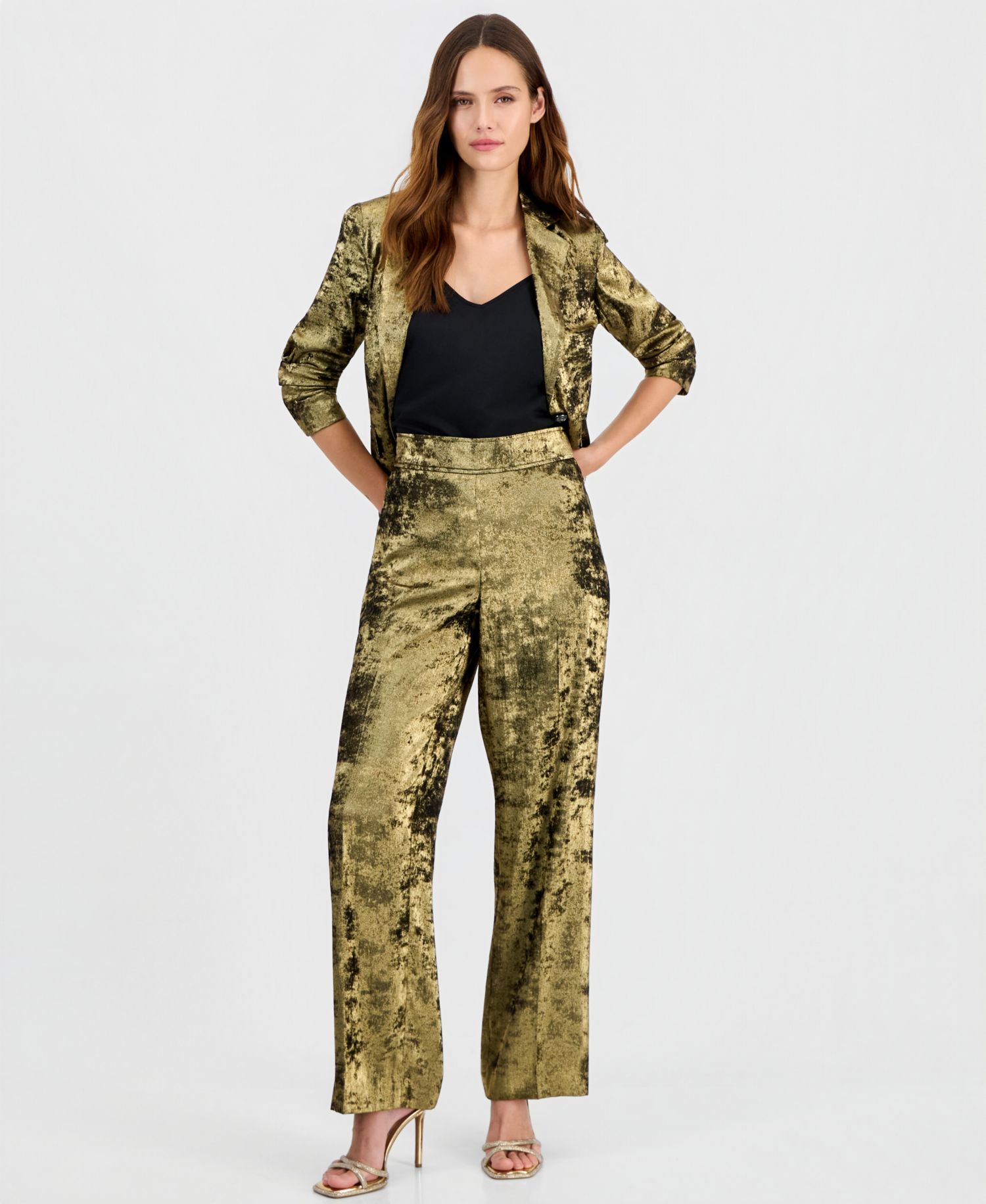 Women's Metallic Foil-Crepe High-Rise Wide-Leg Pants