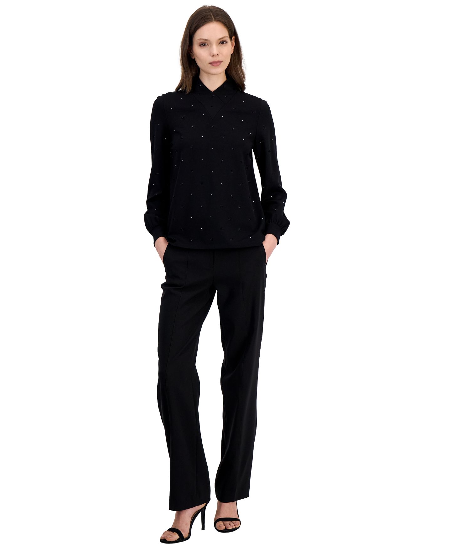 Женская блузка Anne Klein Cowl Neck Puff Sleeve Rhinestone, цвет: Чёрный — фото 2