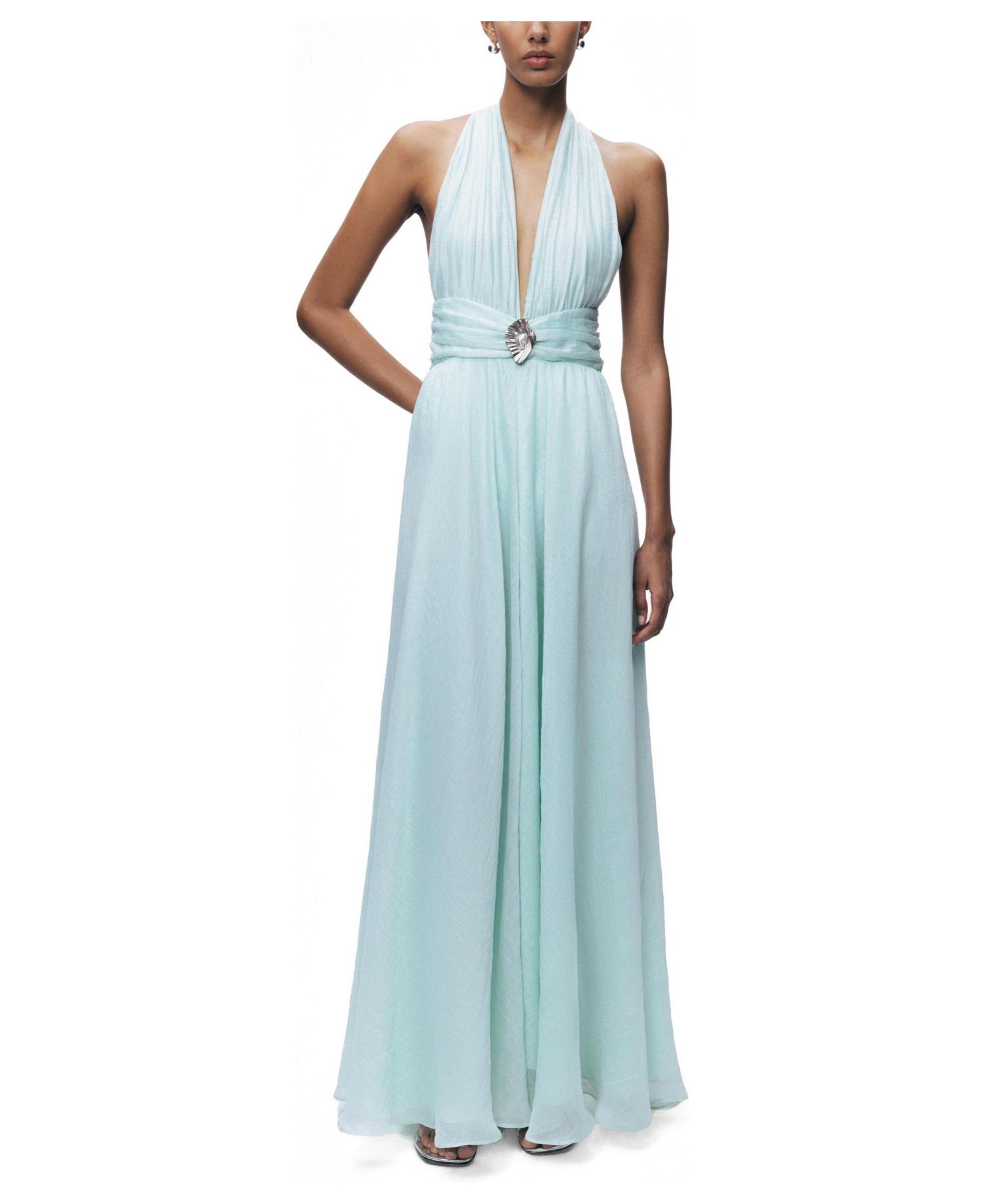 Women's Pleated Halterneck Maxi Dress with Brooch Detail