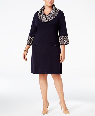 Jessica Howard Plus Size Geo-Contrast Sweater Dress