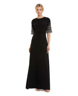Petite Crepe A Line Gown With Beaded 3/4 Sleeves