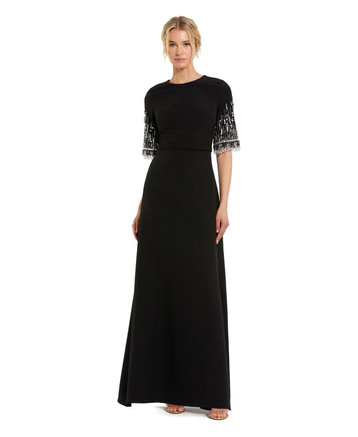 Petite Crepe A Line Gown With Beaded 3/4 Sleeves