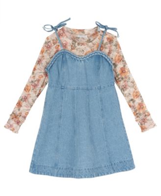Girls' 7-14 Floral Top and Denim Jumper, 2-Piece Set
