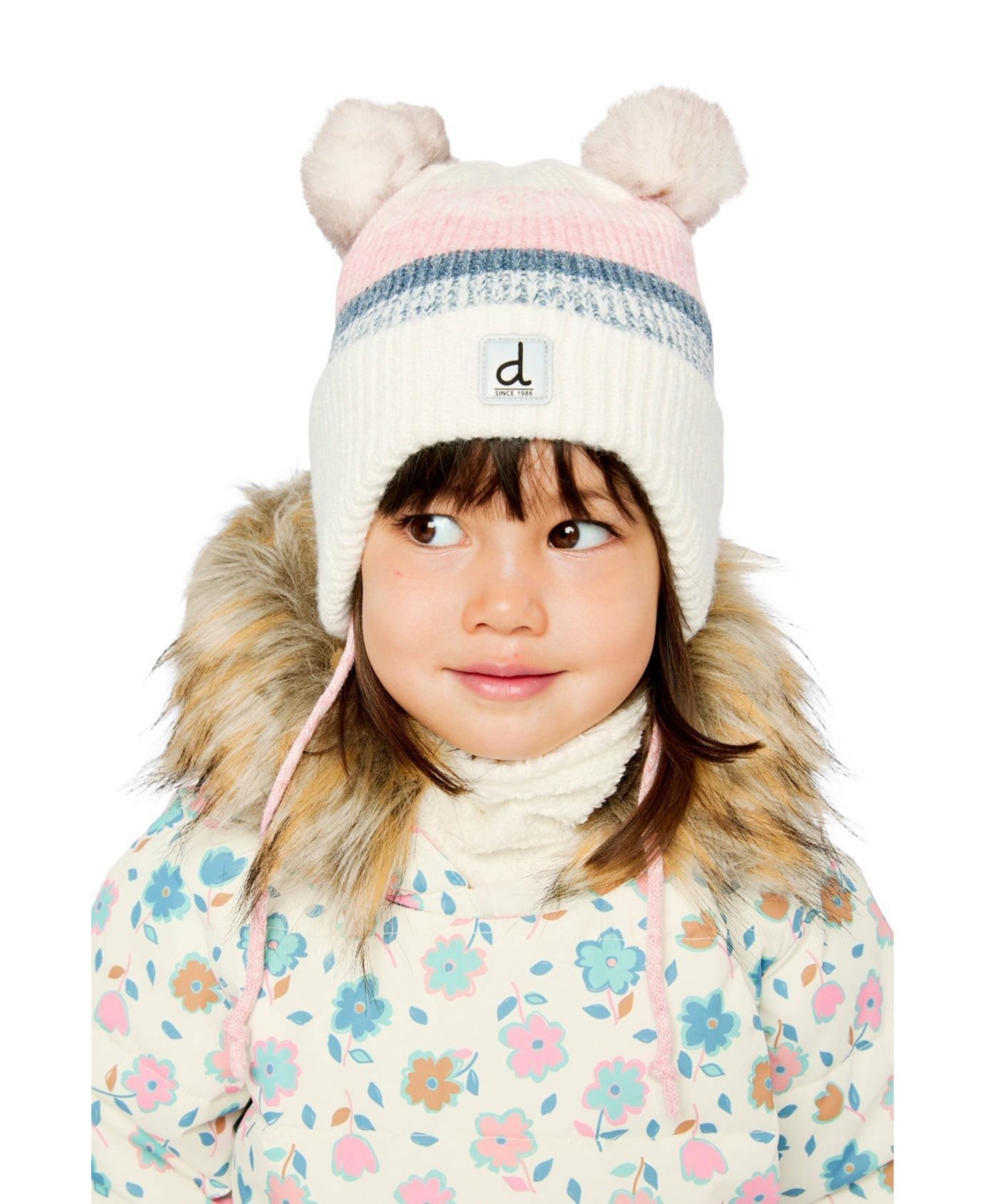 Deux par Deux Toddler Girl 2-3 Years Winter Knit Hat with Ear Flaps and Pompoms