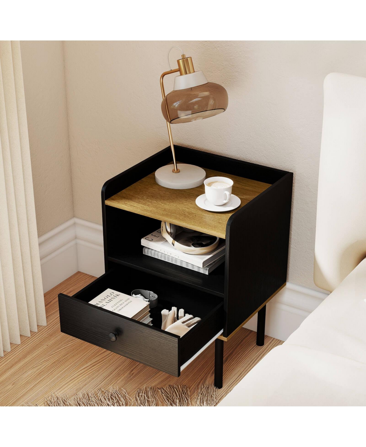 Costway Nightstand Bedside End Table with Drawer and Open Shelf for Living Room Bedroom