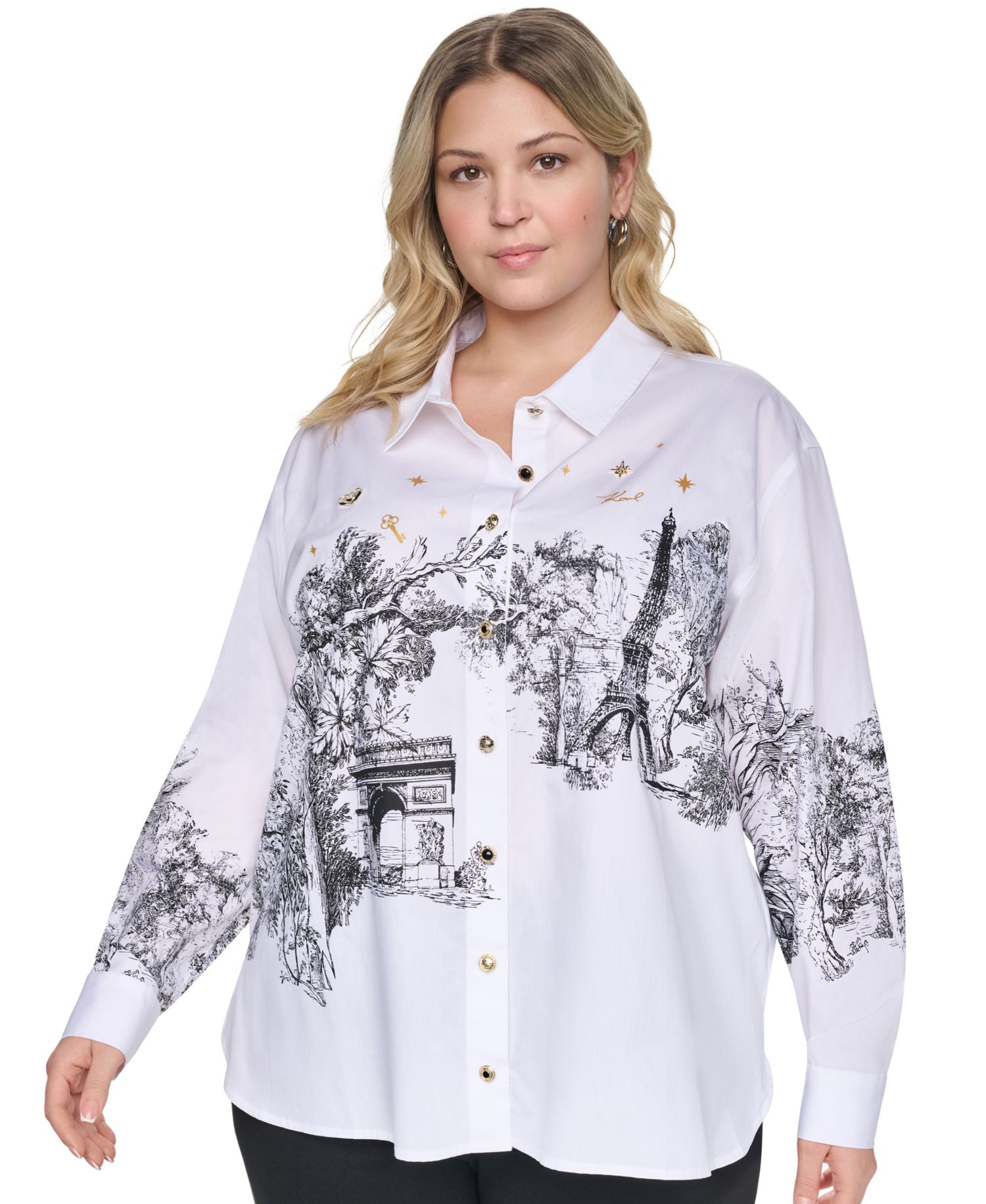 Plus Size City Scene Poplin Collared Long-Sleeve Top