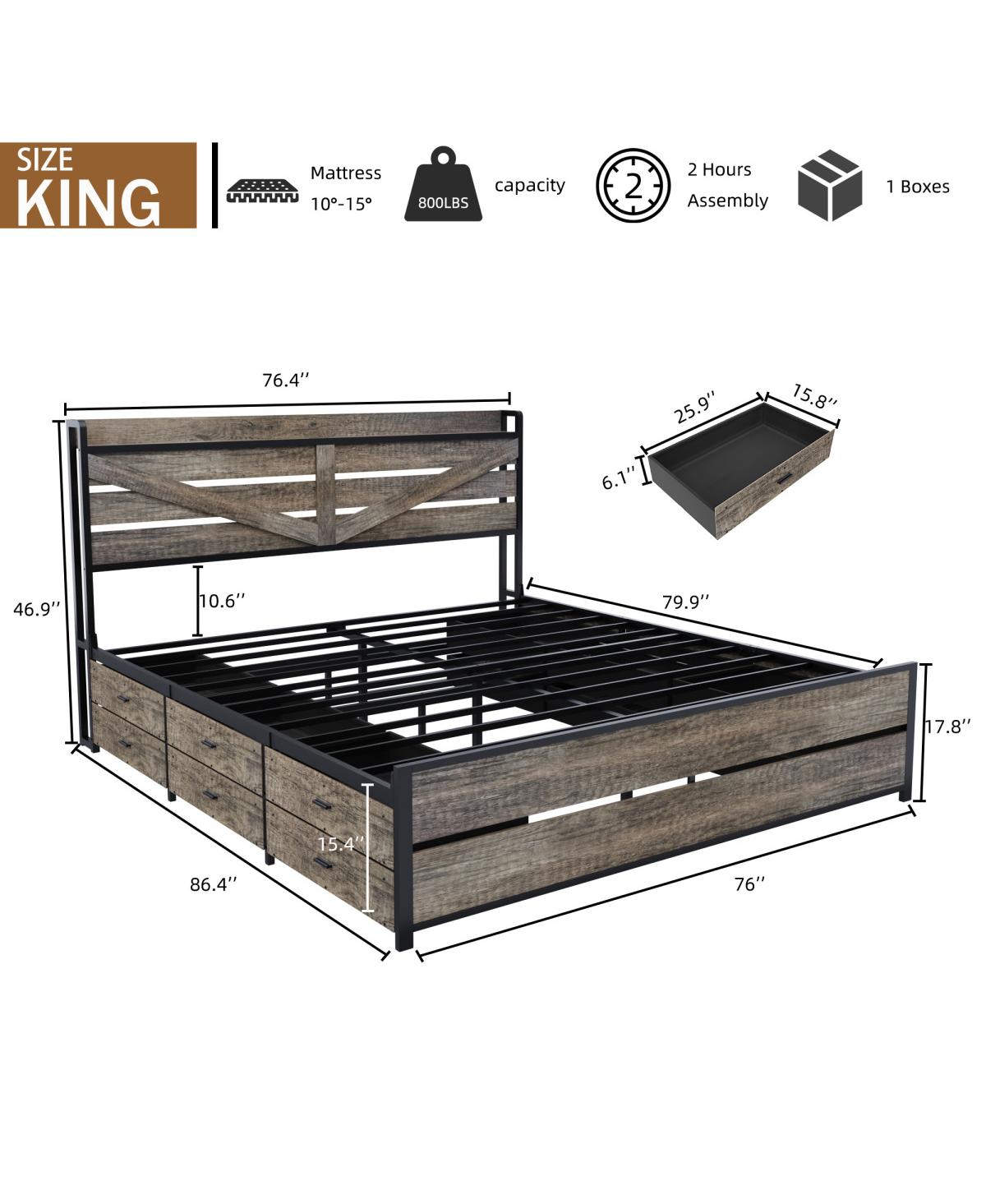 Streamdale Furniture Bed Frame with Storage Headboard and 12 Drawers No Box Spring Needed
