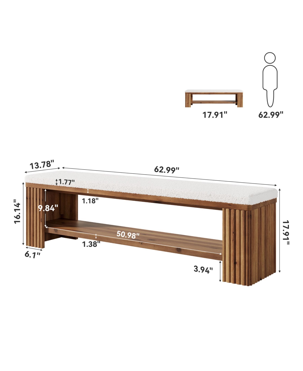 Tribesigns 63" Solid Wood Dining Bench, Farmhouse Upholstered End of Bed Bench with Removable Faux Lambswool Cushion,Indoor Long Entryway Bench