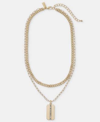 Pav&eacute; Dog Tag Layered Pendant Necklace, 16" + 2" extender
