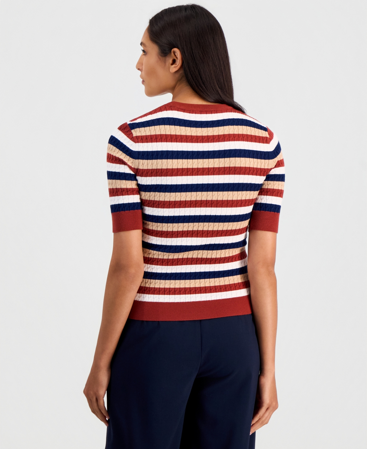 Elie Tahari Women's Ailany Striped Ribbed-Knit Short-Sleeve Sweater