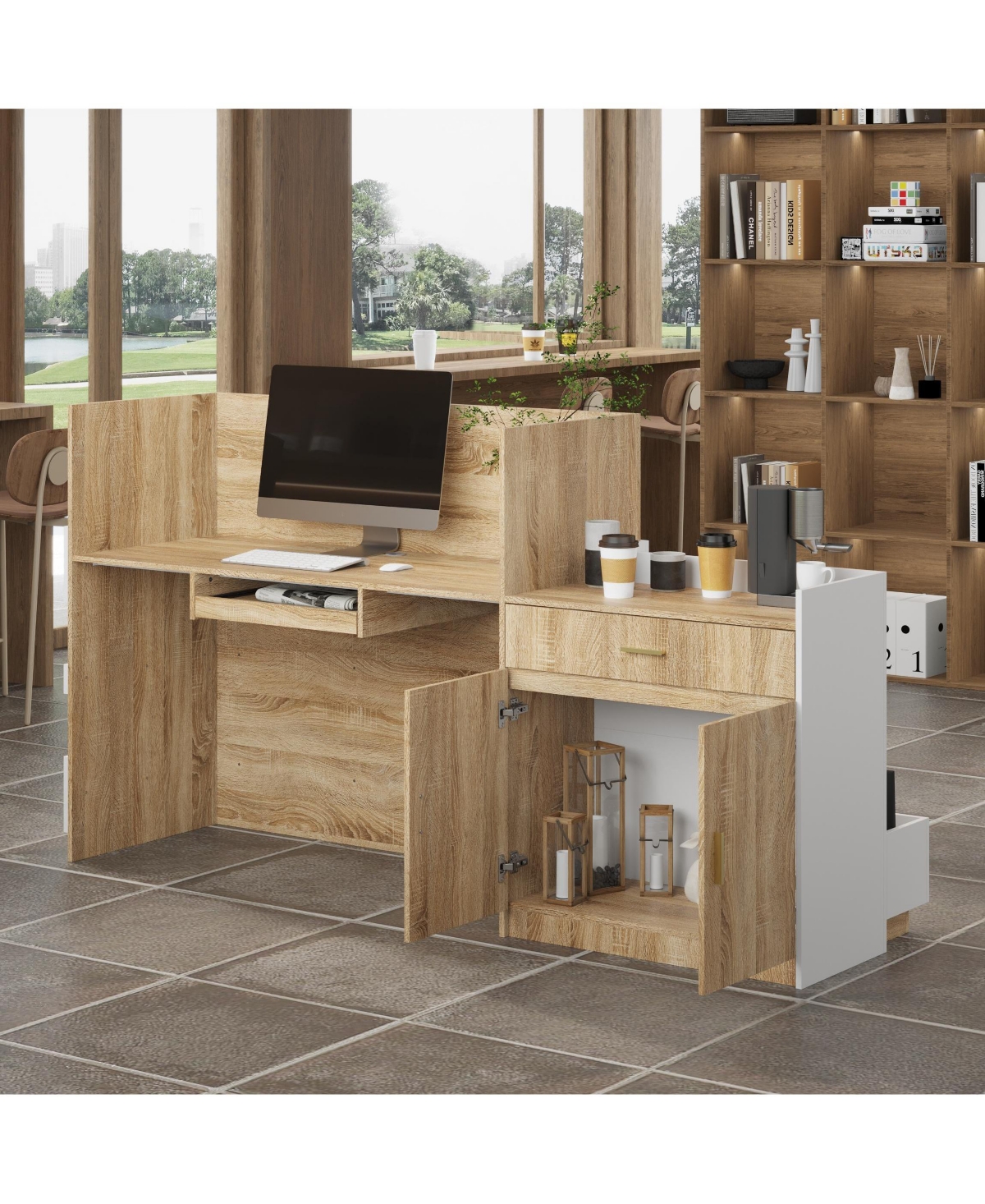 Homsee L-Shaped Reception Desk with Keyboard Tray - Front Desk