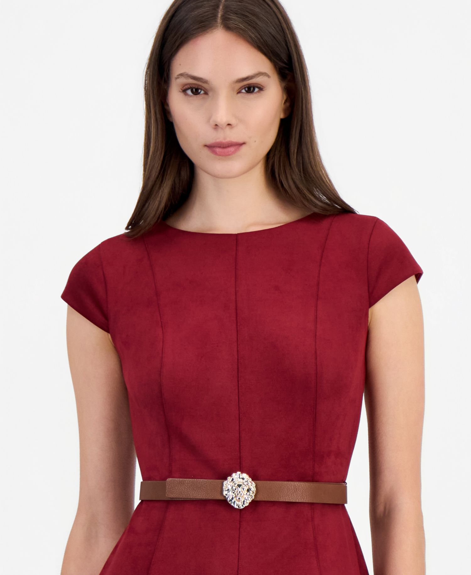 Petite Heritage A-Line Boat Neck Belted Suede Dress