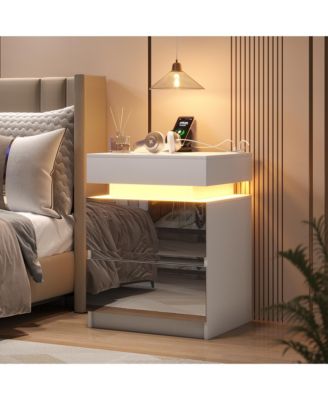 Mirrored Nightstand with 2 Drawers and Motion Sensor Light, Modern Bedside Table