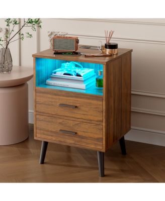 25.6'' H Nightstand with Hidden Drawer, Charging Station, USB Ports and Sensor LED Lights, Modern Bedside Table for Bedroom