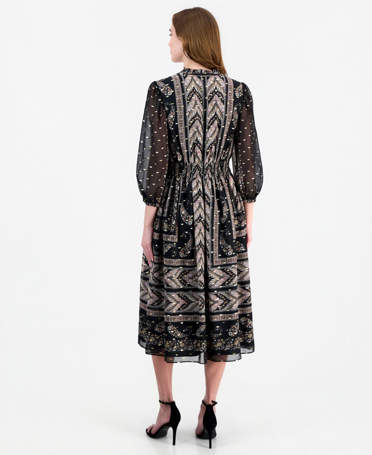 Women's Long-Sleeve V-Neck Smocked Ruffle Midi Dress