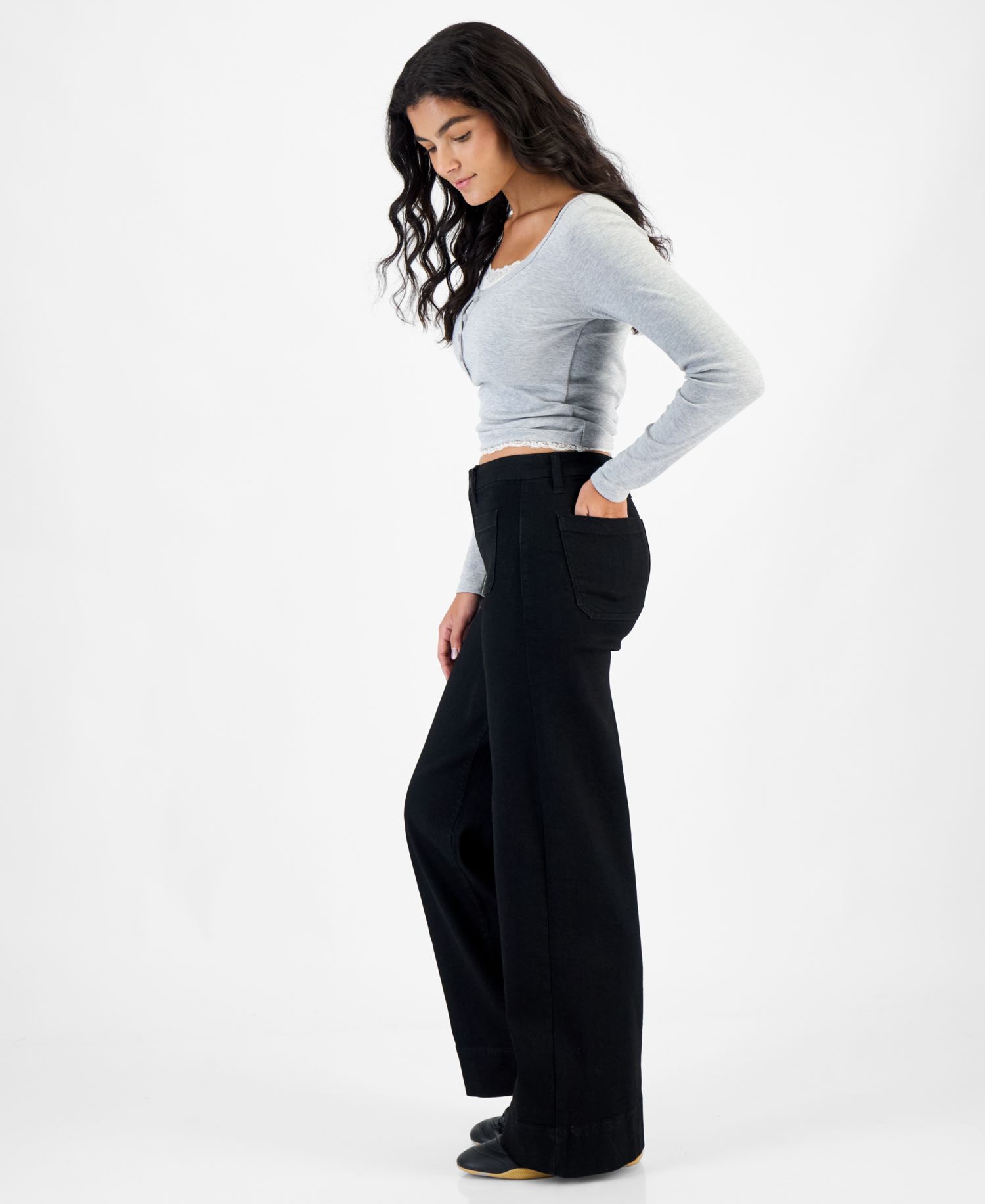 Juniors' High-Rise Patch-Pocket Wide-Leg Jeans