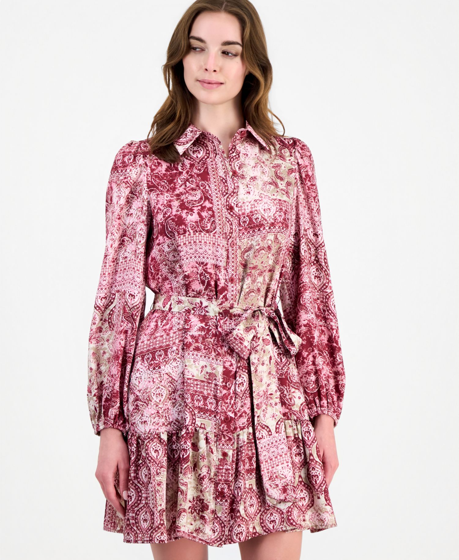 Women's Tiered Belted Shirt Dress