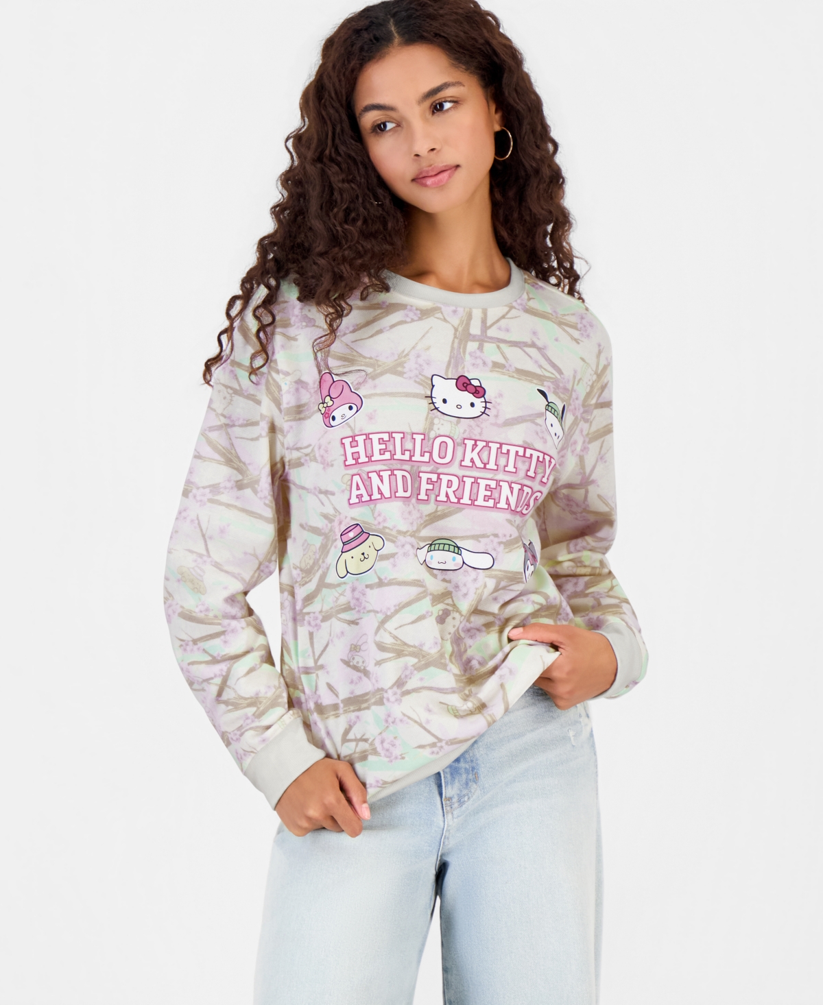Sanrio Juniors' Hk & Friends Camo-print Fleece Pullover In White