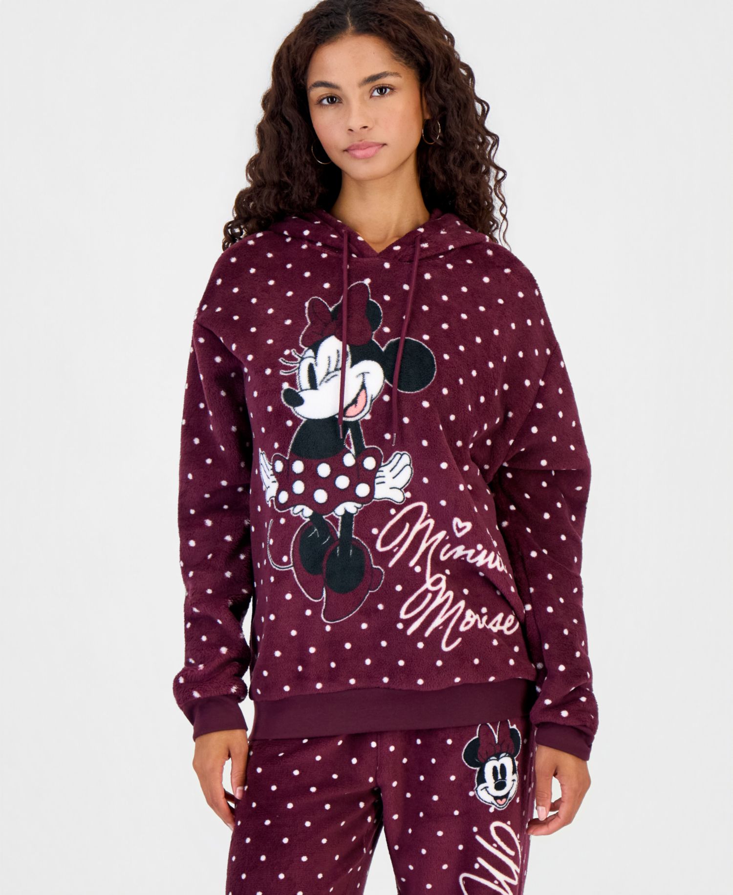 Juniors' Minnie Woobie Graphic Polka-Dot Fleece Pullover