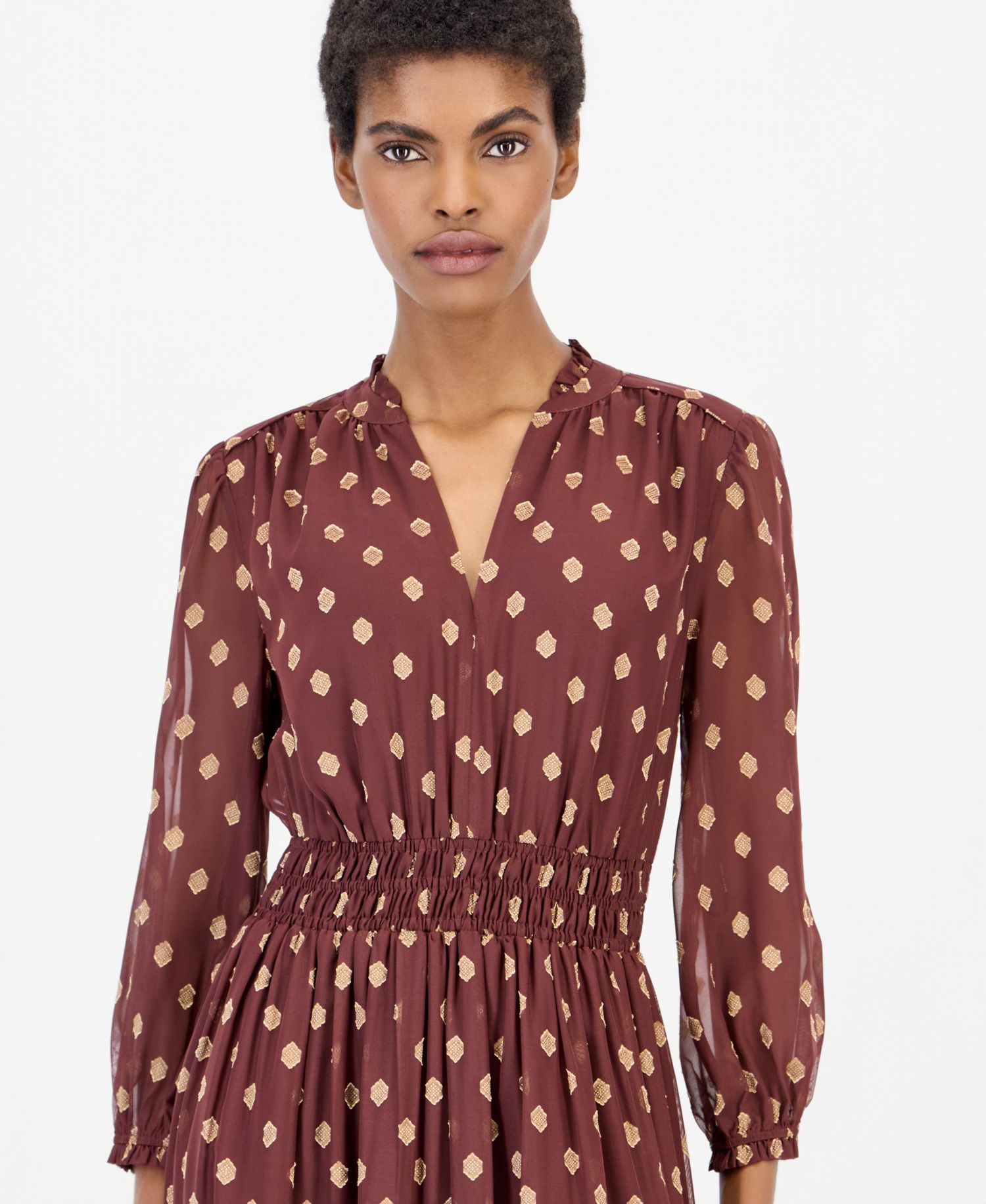 Women's Polka-Dot Ruffle Smocked-Waist Midi Dress