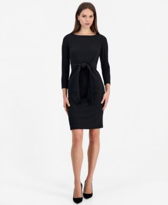 Women's Tie Waist Scuba Crepe Crewneck Sheath Dress