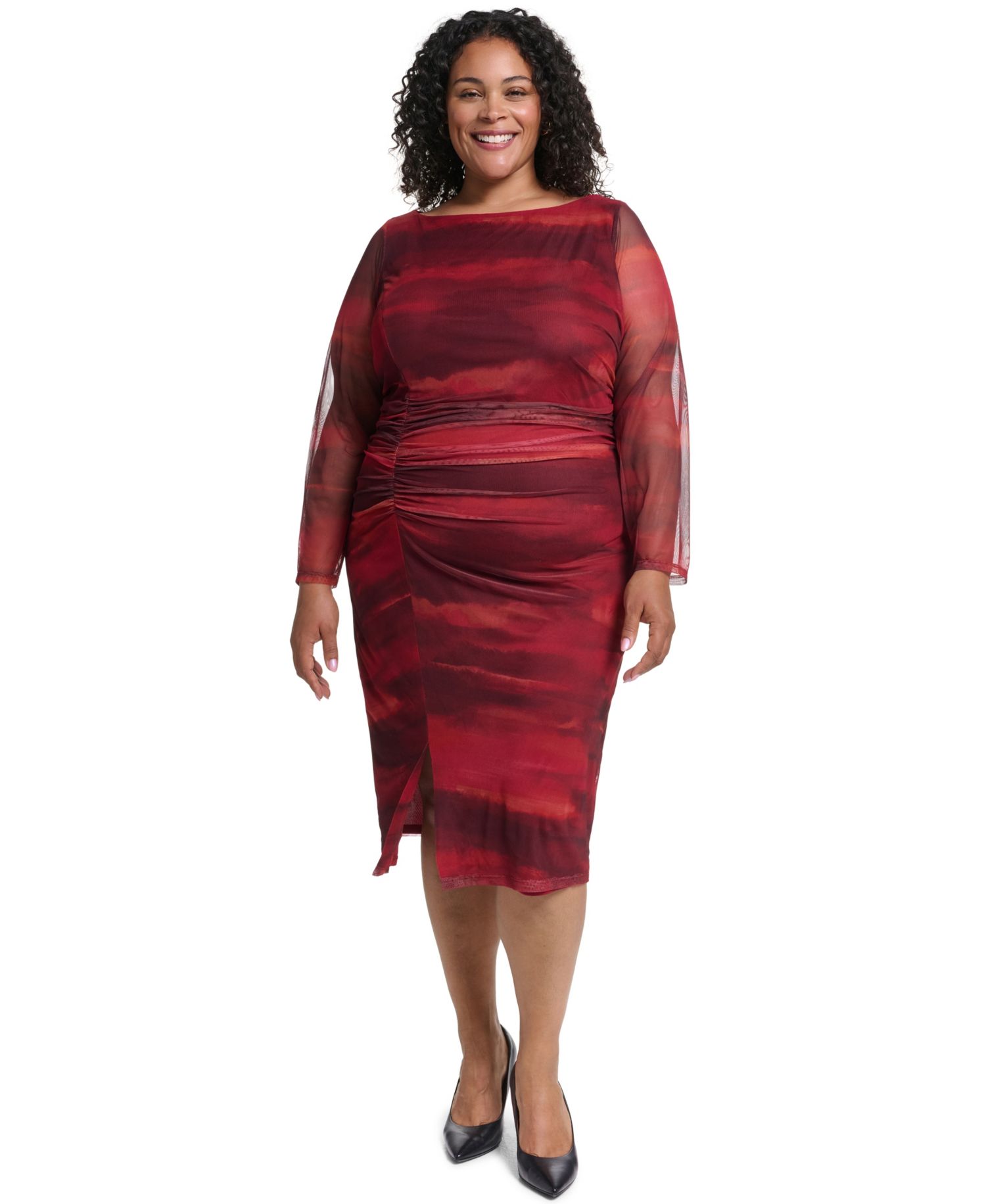 Plus Size Printed Mesh Midi Dress